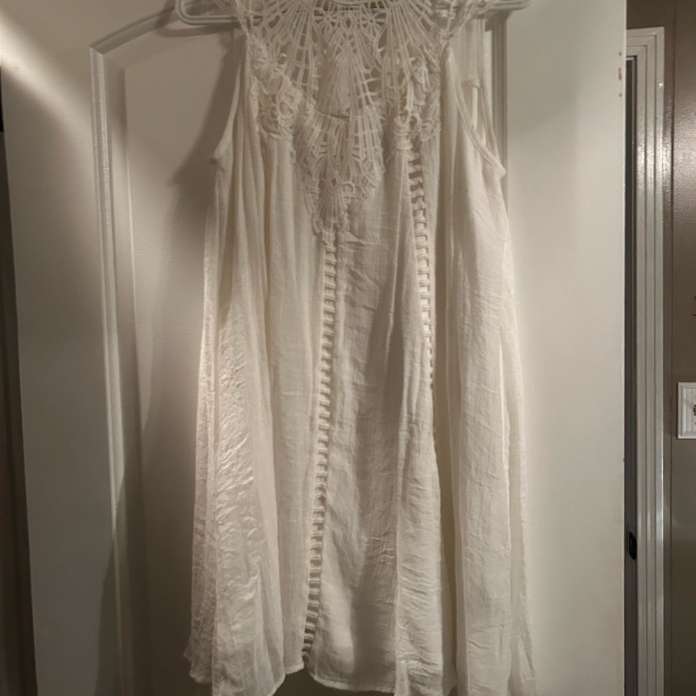 White Sleeveless Crochet Yoke Mini Dress